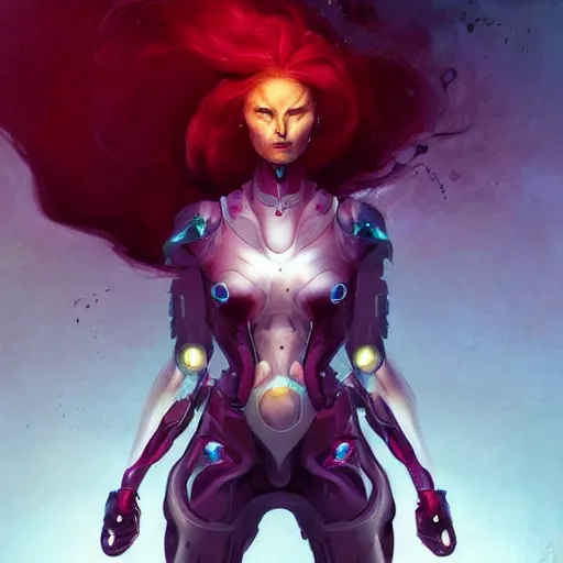 Image similar to portrait x-men Jean Grey as a cyborg with flowing beautiful red hair, art by pete mohrbacher and seb mckinnon and beksinski and josan gonzales, digital art, highly detailed, intricate, sci-fi, sharp focus, Trending on Artstation HQ, deviantart, unreal engine 5, 4K UHD image