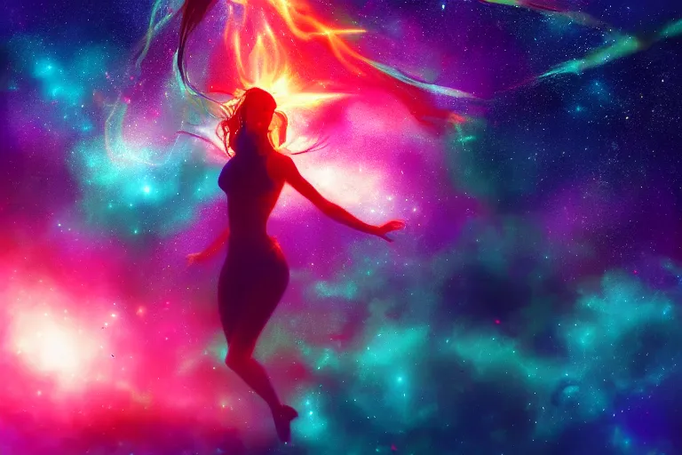 Image similar to silhouette of a girl suspended underwater with long hair, she's exploding into incredible stars and nebula, lens glare, dramatic abstract digital painting, dramatic composition, matte colors, trending on artstation