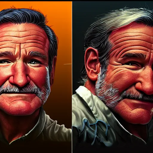 Image similar to Very very very very highly detailed epic photo of Robin Williams, intricate, dystopian, sci-fi, extremely detailed, digital painting, artstation, concept art, smooth, sharp focus, illustration, intimidating lighting, incredible art by Artgerm and Vincent di Fate