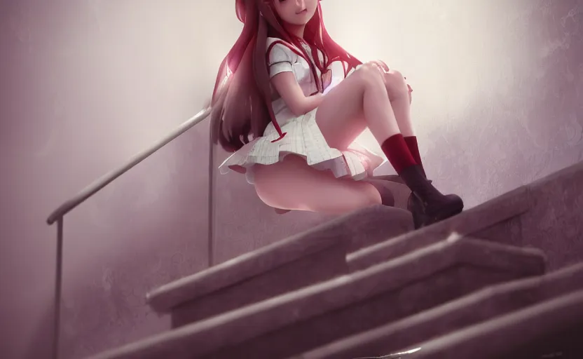 Prompt: magical and mystical, illustrious makinami, school girl leaning on a stairs, octane render, rembrandt, cgsociety, artstation trending, highly detailded