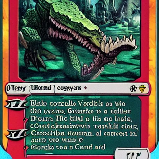 Image similar to a magic the gathering card of a crocodile eating lasagna