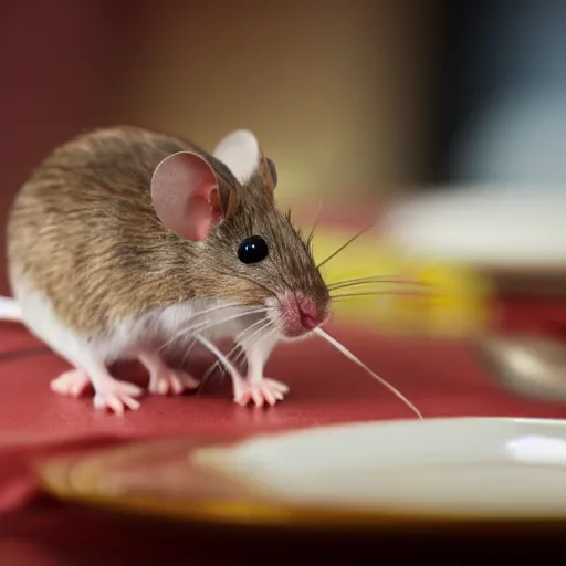 Prompt: macro photo of a mouse in a miniature fancy restaurant