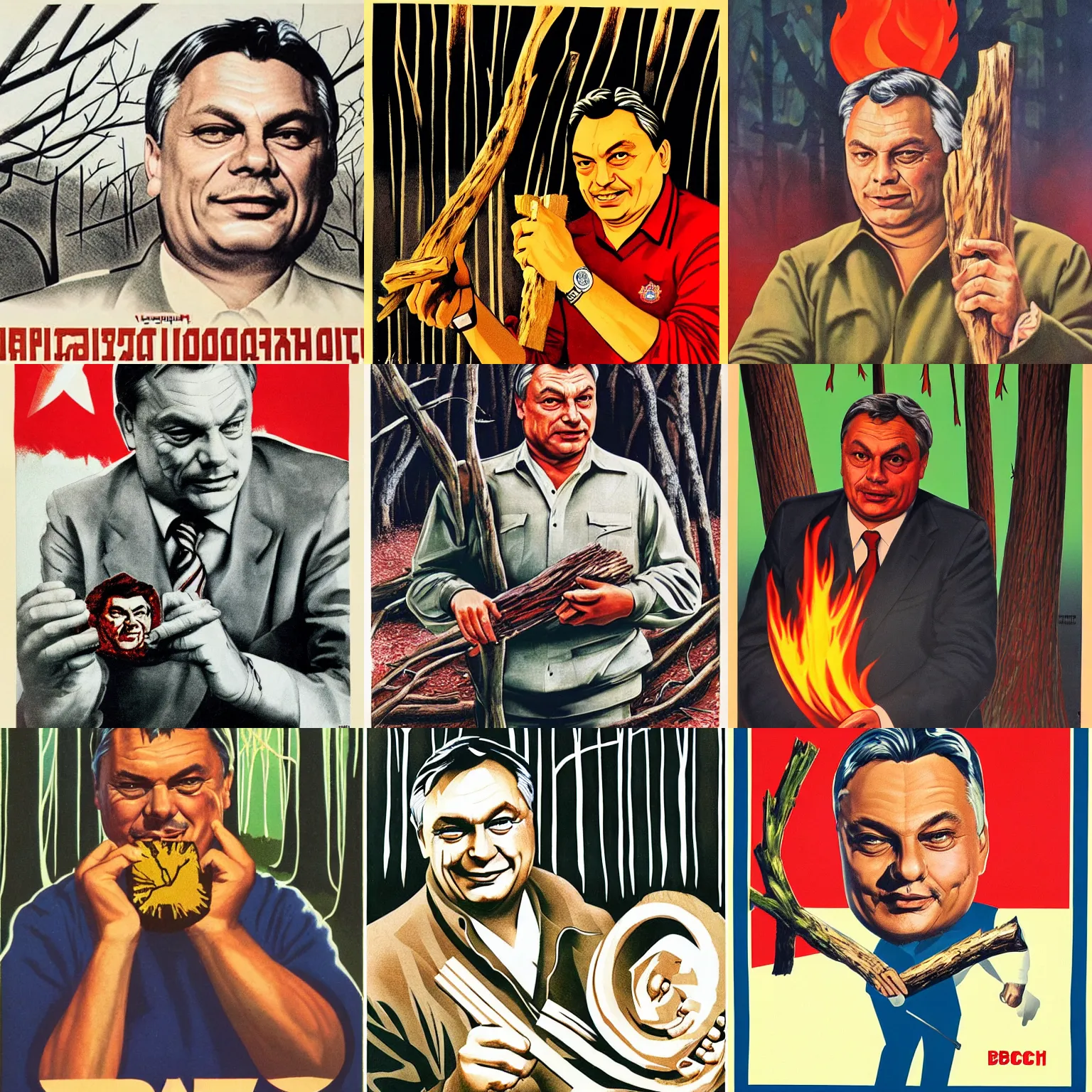 Prompt: soviet poster of viktor orban, highly detailed face, holding a burning wood piece, forest in background