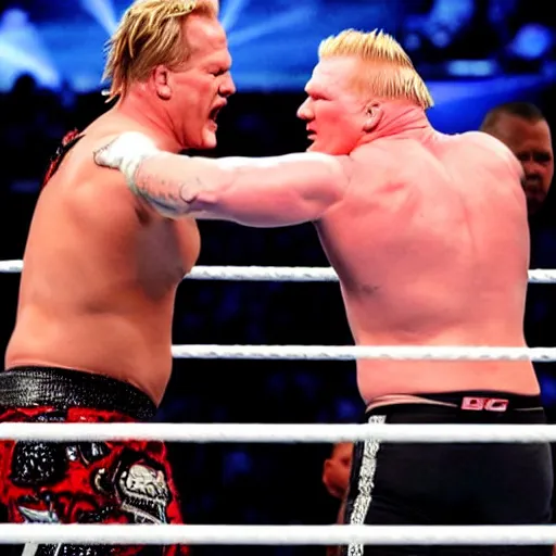 Prompt: chris jericho and brock lesnar hugging in the ring, wwe