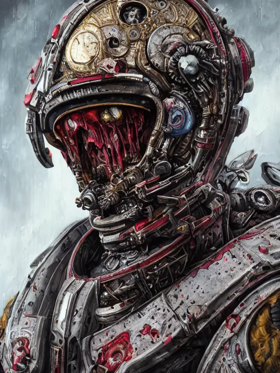 Prompt: portrait art of 8k ultra realistic undead vampire space marine , intricate high tech helmet , detailed intricate ornate space suit,decaying, cybernetic, full of colour, cinematic lighting, battered, trending on artstation, 4k, hyperrealistic, focused, extreme details,unreal engine 5, cinematic, masterpiece, art by ayami kojima, giger