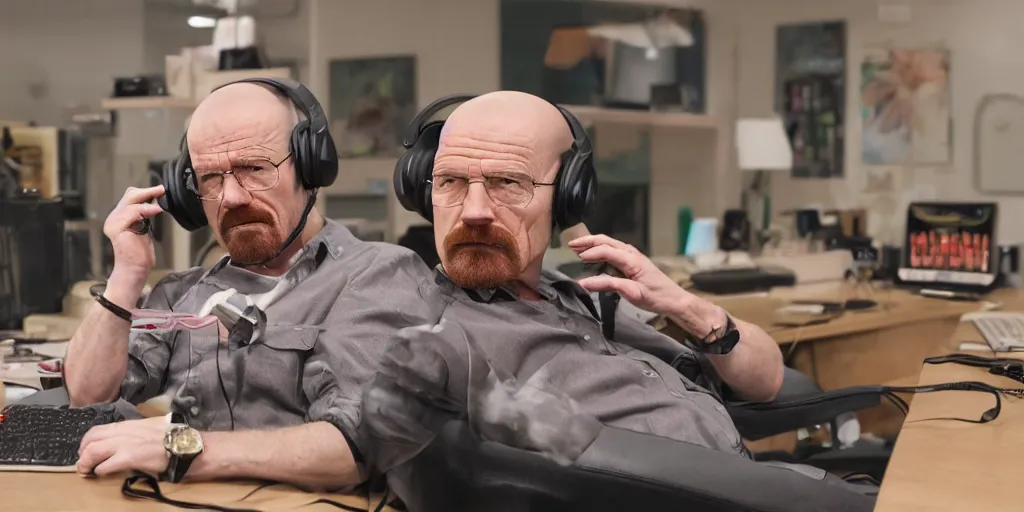 Image similar to walter white wearing pink headphones and sitting at his desk gaming, incredibly detailed, sharp focus, hyper realistic, sony 3 5 mm lens