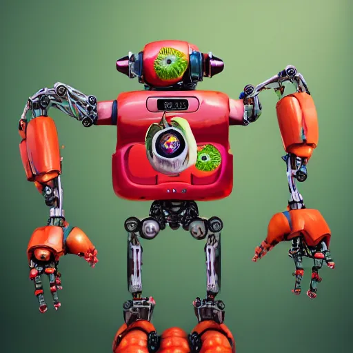 Prompt: a robot made entirely out of fruits, being chased by a vicious fruit - bat detailed, 8 k, trending on artstation, award - winning art,
