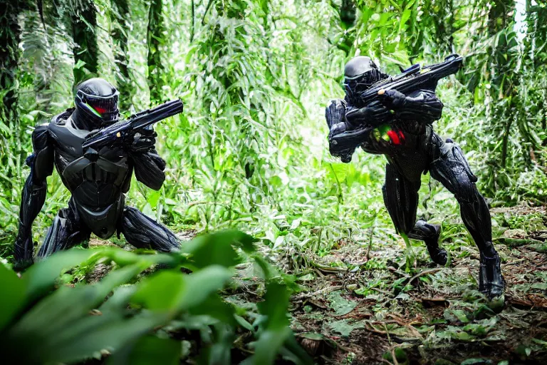 Image similar to Crysis Nanosuit shooting at enemies in a jungle combat photography 2022, Canon EOS R3, f/1.4, ISO 200, 1/160s, 8K, RAW, unedited, symmetrical balance, in-frame,