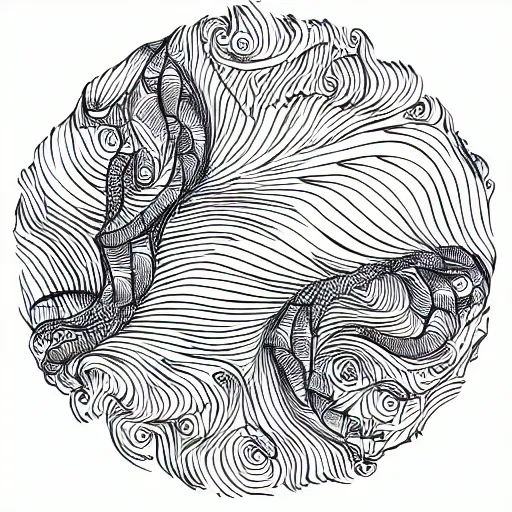 Image similar to tattoo sketch of a ocean, for leg. on a yellow canva, ornamental, line art, vector,