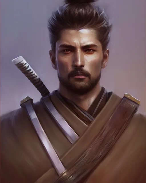 Prompt: full length portrait of a handsome and muscular ronin, square masculine facial features, short messy hair, katana, by wlop and peter mohrbacher, samurai, extremely detailed shading, concept art, digital painting, trending on artstation, unreal engine 5, octane render, atmosphere, glow, cinematic lighting, full of color