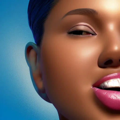 Prompt: photorealistic 3d render of a voluptuous beautiful black curvaceous model smiling, cream dripping on face, studio lighting, blue background, in the style of pixar, highly detailed, sharp focus, bokeh, depth of field, 16k resolution, Unreal Engine 5, coherent, cinematic lighting, beautiful painting, from behind