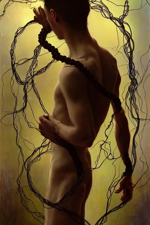 Image similar to hyperrealist portrait of elijah zu bailey, it is decorated with long wires that fall like vines and wears small computers over their body. by jeremy mann and alphonse mucha, fantasy art, photo realistic, dynamic lighting, artstation, poster, volumetric lighting, very detailed faces, 4 k, award winning, hands on hip