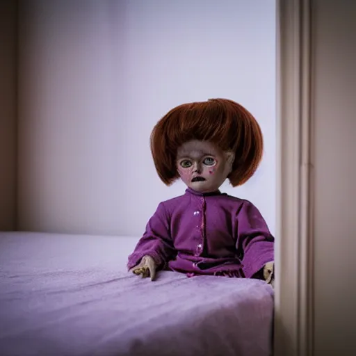 Image similar to Creepy doll in a bedroom staring at viewer, night, grainy photograph