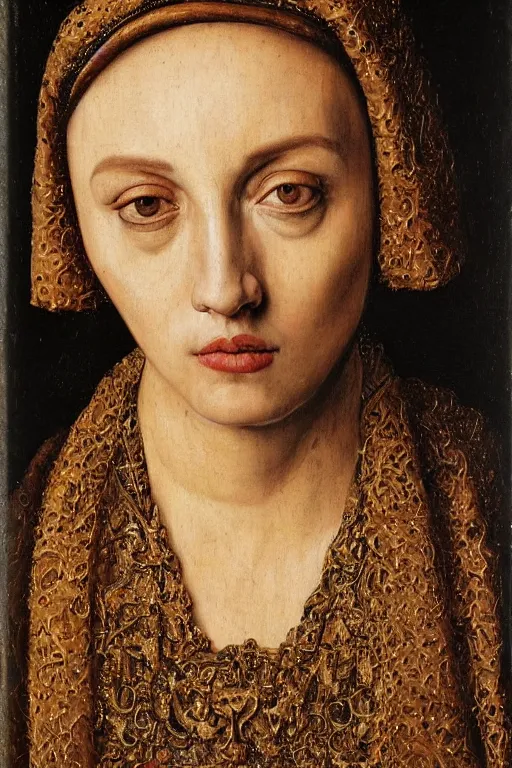 Prompt: portrait of ana de armas, oil painting by jan van eyck, northern renaissance art, oil on canvas, wet - on - wet technique, realistic, expressive, detailed textures, illusionistic detail