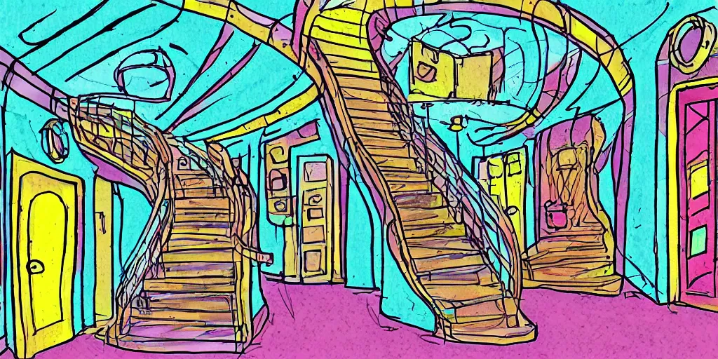 Image similar to a colorful dimly lit, theater access corridor, 3 doors, 1 staircase, day of the tentacle style, fish eye, drawn by Scott C