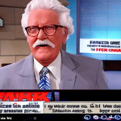 Prompt: colonel sanders presenting the weather on fox news eating fried chicken