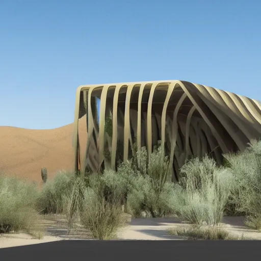 Prompt: architectural rendering of biophilia building in the desert
