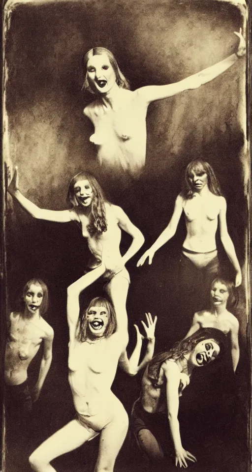 Image similar to wet plate photograph, portrait of olivia newton john cheerfully performing satanic occult dance rituals, alistaire crowley drawings in the background, 1850