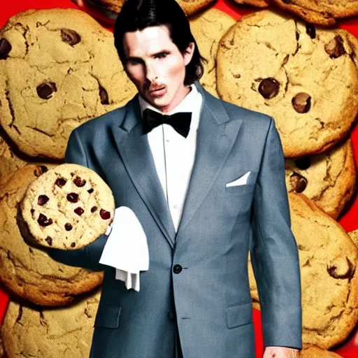 Prompt: Christian Bale as Patrick Bateman wearing a suit whilst holding a cookie, film poster