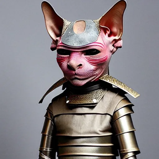 Image similar to samurai armor worn by hairless sphynx cat