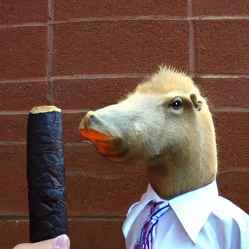 Image similar to smoking cigar, a man wearing a suit capybara head (smoking cigar)