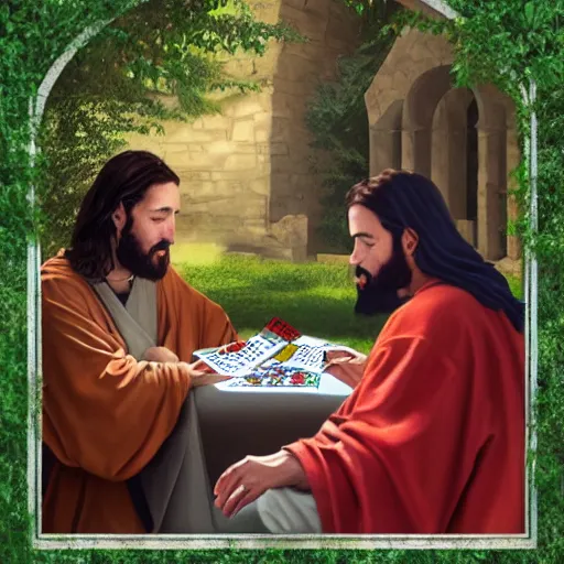 Image similar to Jesus and Satan playing cards in a garden, photorealistic, award winning, 8k, trending on major art outlets,