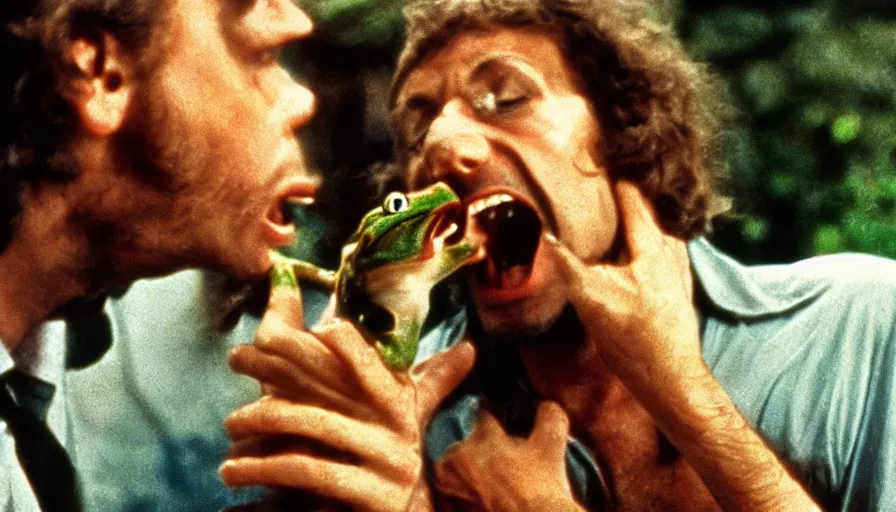 Image similar to 70s movie still of a man yelling with frog in the mouth, eastmancolor, heavy grain, high quality, higly detailed, liminal space