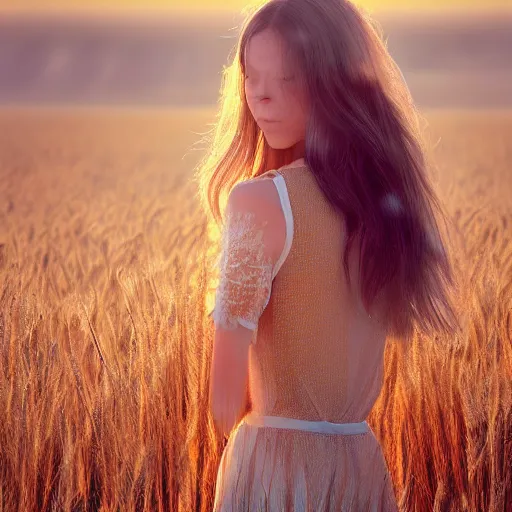 Image similar to close-up shot, a beautiful painting of a girl in a airy semi-transparent thin light dress standing in the glowing wheat fields, mystical setting, afternoon sun, long shadows, photo from the back, 135mm, trending on artstation