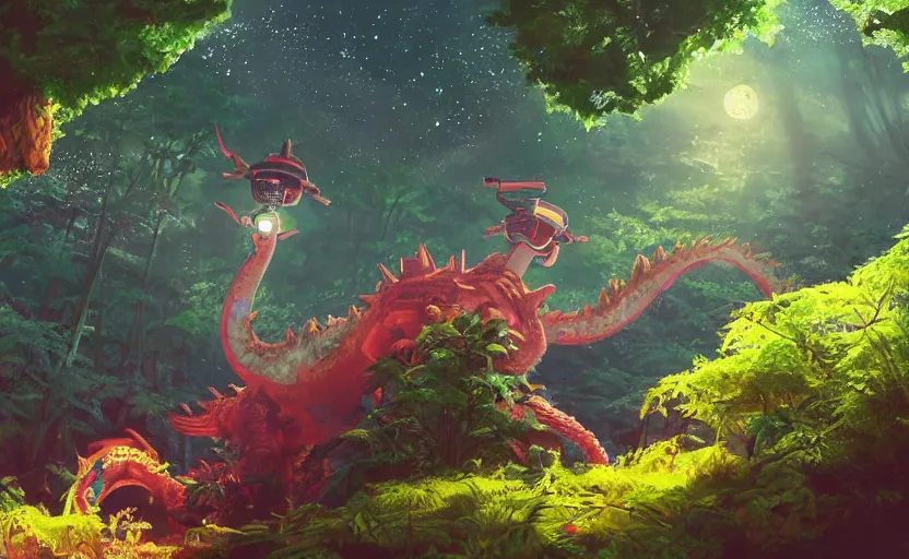 Image similar to a still of a cute adorable tiny astronaut, on a planet of lush colorful foliage, with an enormous kaiju dragon surrounding the full background, magical forest, sharp focus, neon backlit, highly detailed, disney pixar studio ghibli makoto shinkai, digital painting, matte, octane render, global illumination, iridescent, anime, 8 k concept art