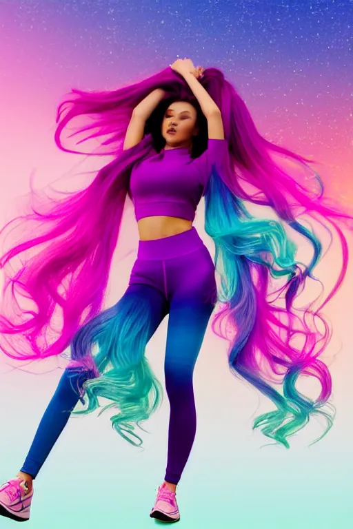 Image similar to a award winning half body shot of a beautiful woman in a croptop and leggings with a ombre purple pink teal hairstyle with head in motion and hair flying, outrun, vaporware, highly detailed, fine detail, intricate