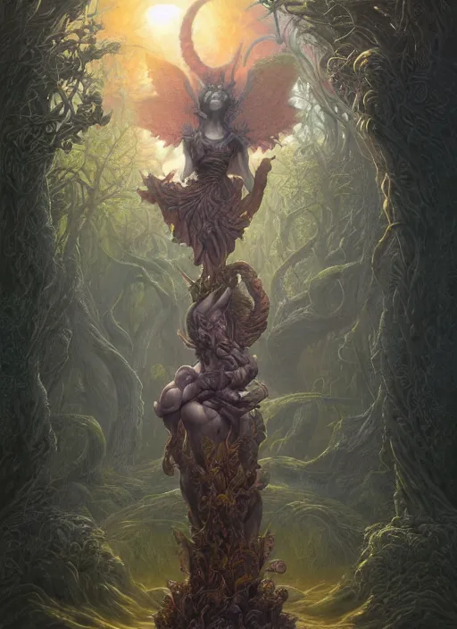 Image similar to overgrown statue of a demon, serene, in the style of tomasz alen kopera and fenghua zhong and peter mohrbacher, mystical colors, rim light, beautiful lighting, 8 k, stunning scene, raytracing, octane, trending on artstation