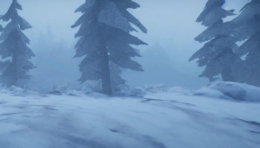 Image similar to Unreal Engine Survival Game in a blizzard, Heavy Thick snow, Fog and Mist, Beautiful dark Landscape, Distant Lights, Hyperrealistic, Hyperdetailed, Concept Art