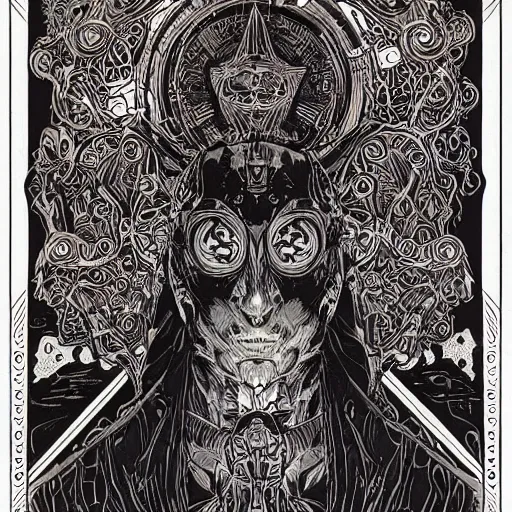 Image similar to black paper + tarot card + eldritch god, vintage detailed sci-fi illustration designed by Marc Simonetti and Mike Mignola + psychedelic black light style + intricate ink illustration + symmetry + bloodborne,