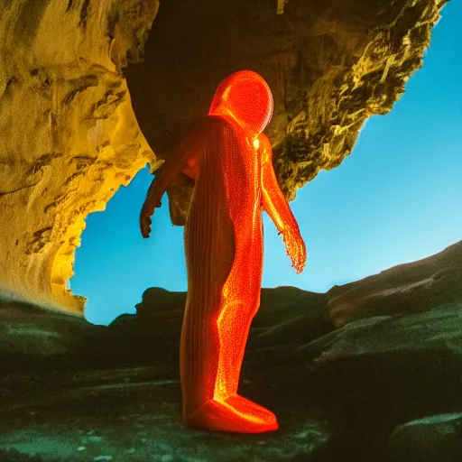 Prompt: photo of a giant orange colored glowing transparent humanoid of one thousand feet standing next to a building inside a cave