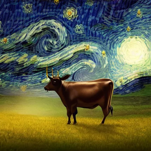 Prompt: a detailed matte painting of a cow wearing a witch hat, viewed in profile, glowing moths and fog in the background, starry night, black and blue color scheme with gold highlights, in the style of discworld and harry potter, 8 k, octane render