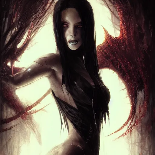 Image similar to aaliyah as a vampire, darkwave, darksynth, concept headshot art, sharp, digital matte painting, art by luis royo, greg rutkowski, wlop, dramatic lighting, trending on artstation