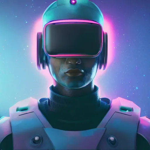 Image similar to cyberpunk concept cool character warrior bot, cinema 4 d, galaxy, ufo, space sci - fi, wearing vr goggles, illustration, portrait, pastel neon textured background night, trending on artstation, greg rutkowski, octane rendered, 1 2 k, detailed,