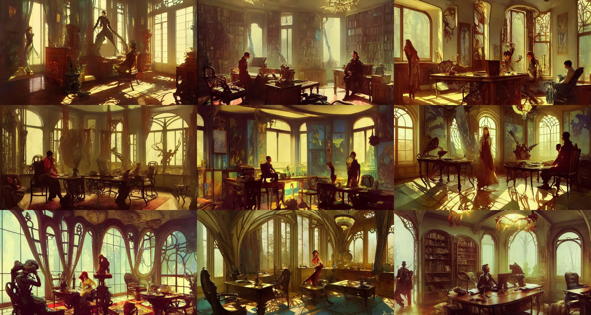 Prompt: home office interior, art nouveau architecture, fantasy, art by joseph leyendecker, ivan aivazovsky, ruan jia, reza afshar, marc simonetti, alphonse mucha