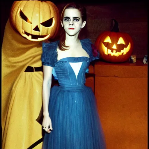 Image similar to emma watson, halloween costume, award winning, kodak ektachrome expired blue tint,