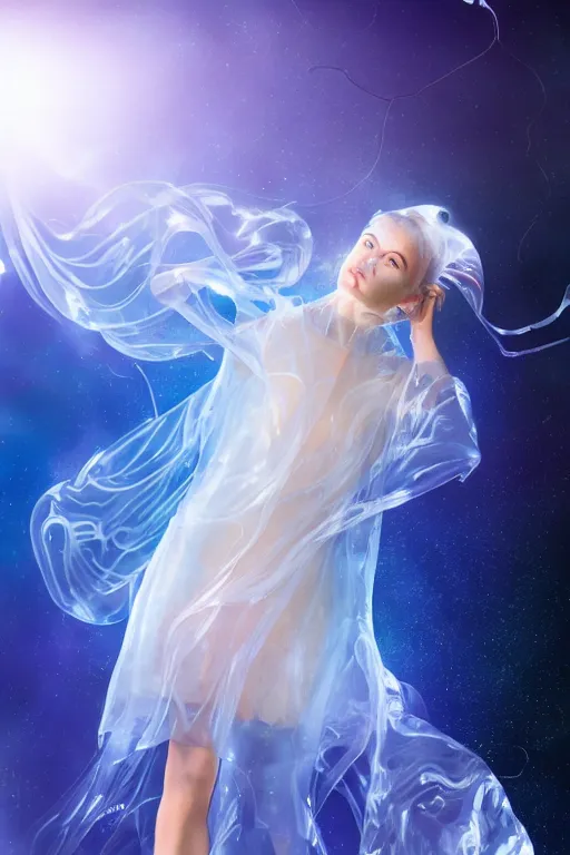 Prompt: a photorealistic full body portrait of a woman wearing a translucent jelly fish dress in space, dynamic lighting, hyper realistic, cinematic, blur, stunning, ray tracing