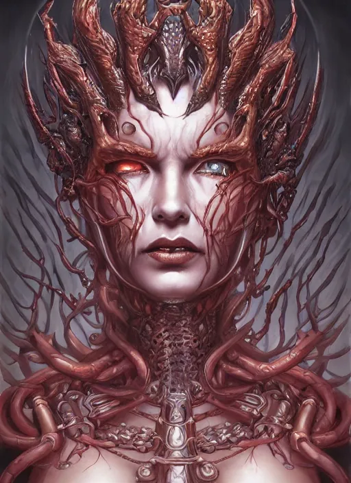 Image similar to a hyper detailed face portrait of the queen of blades, diablo 4 lilith, by yusuke murata, by hiroya oku, by dorian cleavenger, by tom bagshaw, by zdzisław beksinski, trending on artstation