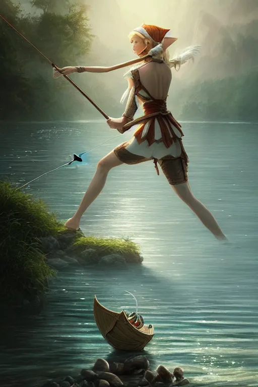 Image similar to elegant elf fishing in lake, highly detailed, d & d, fantasy, highly detailed, digital painting, trending on artstation, concept art, sharp focus, illustration, global illumination, ray tracing, realistic shaded, art by artgerm and greg rutkowski and fuji choko and viktoria gavrilenko and hoang lap