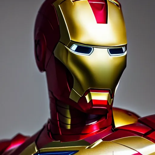 Image similar to a close up photo of a detailed golden statue of Iron Man, 8K,