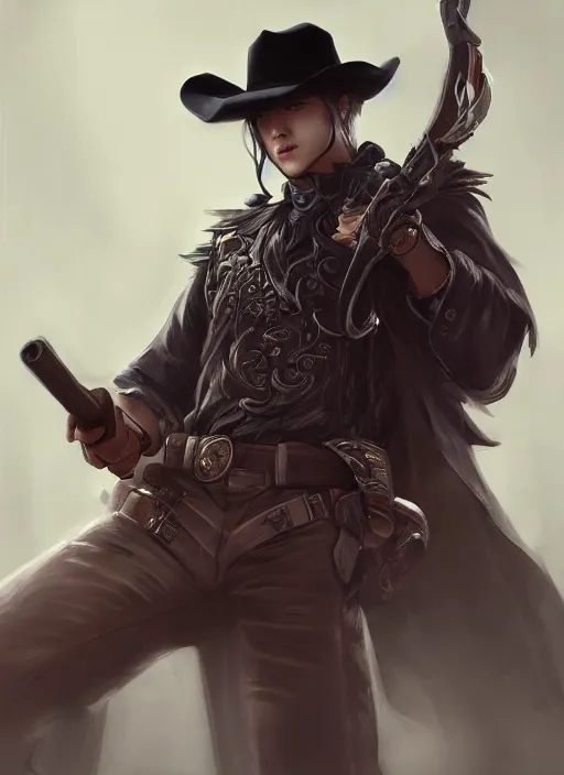 Image similar to a highly detailed illustration of bts v as focused cowboy wearing black cowboy hat, dramatic wielding gun pose, perfect face, intricate, elegant, highly detailed, centered, digital painting, artstation, concept art, smooth, sharp focus, league of legends concept art, wlop