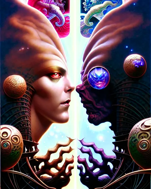 Prompt: two lovers facing each other, tarot card, fantasy character portrait made of fractals, ultra realistic, wide angle, intricate details, the fifth element artifacts, highly detailed by peter mohrbacher, hajime sorayama, wayne barlowe, boris vallejo, aaron horkey, gaston bussiere, craig mullins