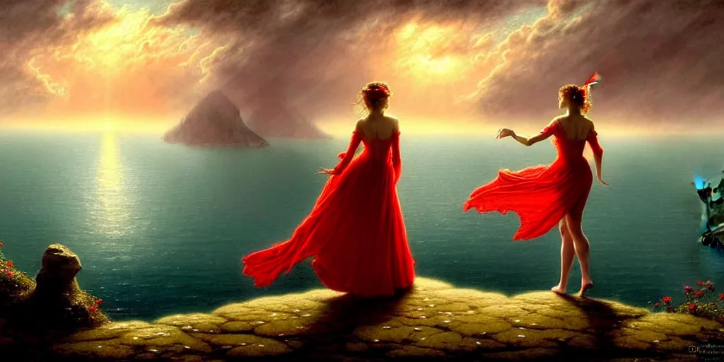 Image similar to an elegant fairy queen in a red lace dress dancing looking out at a lord of the rings scenery landscape, staring across the sea at a sail boat, sunrise, god's rays highly detailed, vivid colour, soft clouds, floral sunset, cinematic lighting, perfect composition, gustave dore, derek zabrocki, greg rutkowski, belsinski