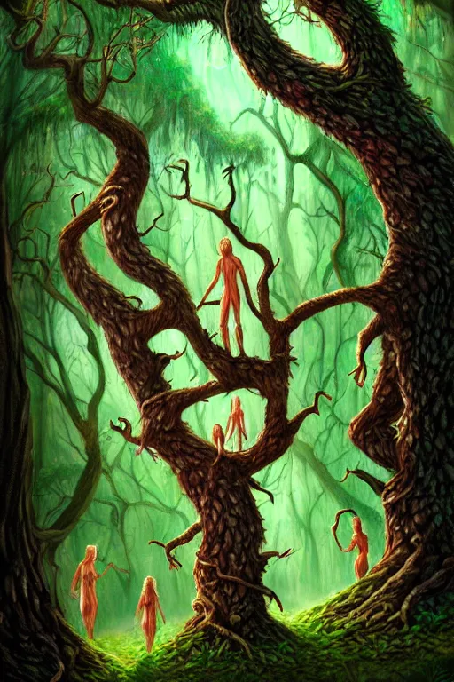 Prompt: tree people, daily deviation, classic fantasy art epilogue, magical forest, treefolk, ents, birds on branches, green spring