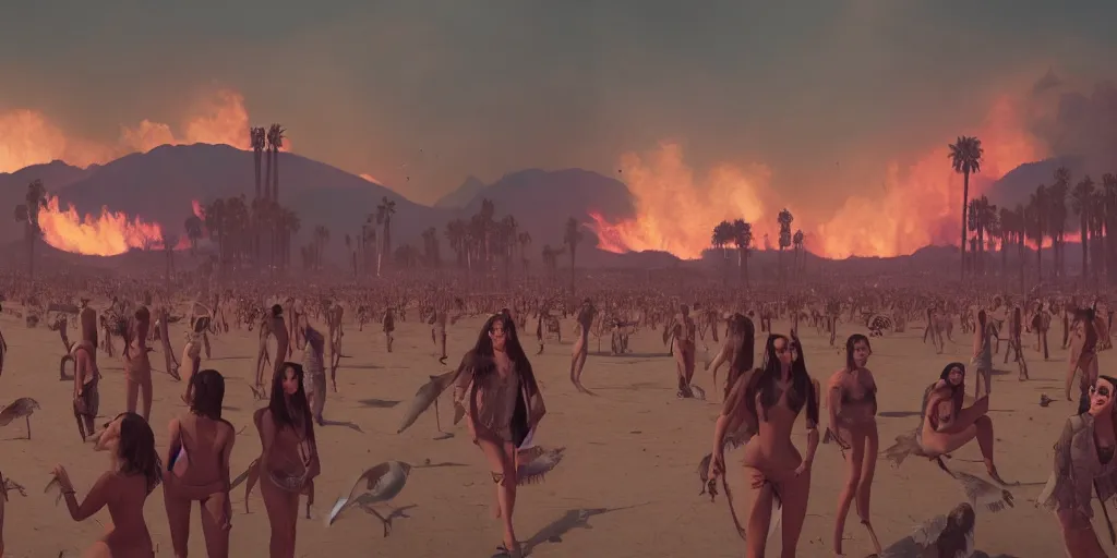 Prompt: realistic cinematic views of a orwellian coachella with wildfires in the background and dead seagulls falling from the sky in front of the main stage worshipping large egyptian styled statues of kim kardashian and kylie jenner, hyper detailed, terror glows, hyper realistic, digital painting, 8 k, 3 5 mm film grain, octane render