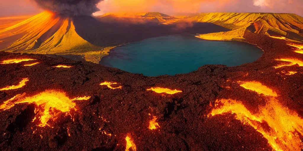 Image similar to award winning photo of Hawaii volcanic landscape, golden hour, by Peter Lik,