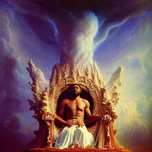 Prompt: obatala the cosmic god sitting on a throne of nebula clouds, by Agostino Arrivabene, matte painting, orisha, 8k, hd